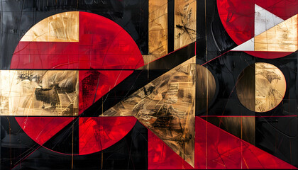 Fototapeta premium Modern abstract art with minimalist geometric shapes and soft lines in a chic mix of rich red, deep black, and bright gold