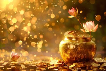 golden jar full of golden coins with flying golden lotuses around, golden bokeh akshaya tritiya