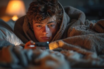 Intimate scene of a teenager wrapped in a cozy blanket while using a smartphone illuminated by a warm glow