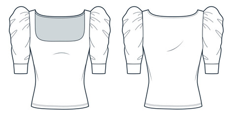 Square Neck Top technical fashion illustration. Half Sleeve T-Shirt fashion flat technical drawing template, puff sleeve, slim fit, front and back view, white color, women Top CAD mockup set.