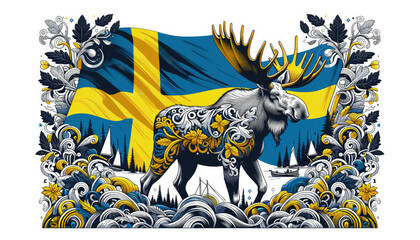 A moose drawing with a Swedish flag in the background - obrazy, fototapety, plakaty