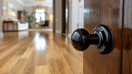 Close Up of Door Handle on Wooden Door