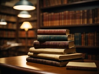 A stack of old books on table against blurred background