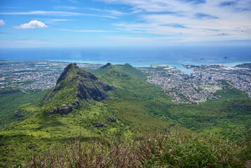 Aerial view of Mauritius island from the top of the mountain, Africa