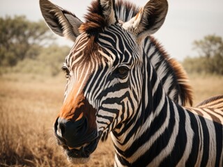 Fototapeta premium A stunning portrait of a Zebra head in the field
