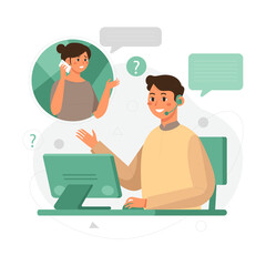 Customer service. Woman with headphones and microphone with laptop. Concept illustration for support, assistance, call center. Vector illustration in flat style