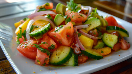 Colorful congolese salad with ripe tomatoes, cucumbers, onions, and fresh herbs, a nutritious dish from central africa