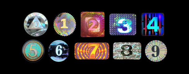 Holographic sticker set with numbers, retro style colorful label in black background, y2k png font with round and rectangle sticker shapes