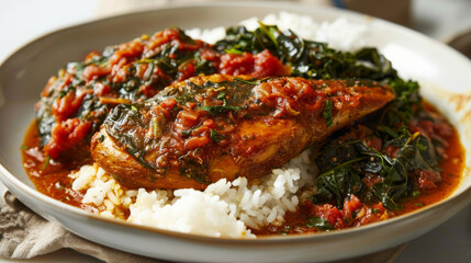 Delicious congolese chicken stew with white rice and cooked spinach, highlighting the rich culinary traditions of africa