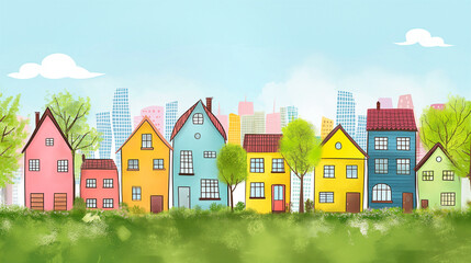 skyline of family colorful houses in sustainable city with green trees illustration