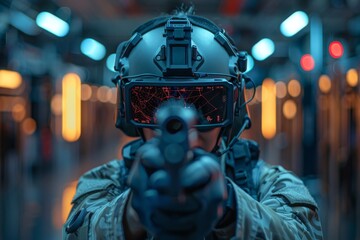 A futuristic soldier clad in tactical gear stands at attention, highlighting advanced military technology and combat readiness