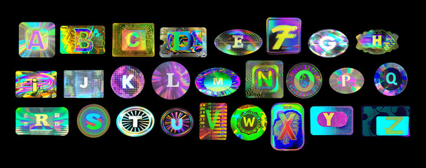 Holographic sticker set with Alphabet, retro style colorful label in black background, y2k font with round and rectangle sticker shapes