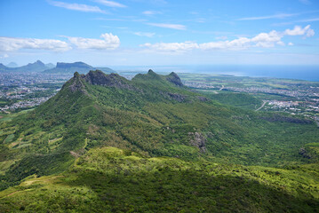 Aerial view of Mauritius island from the top of the mountain, Africa