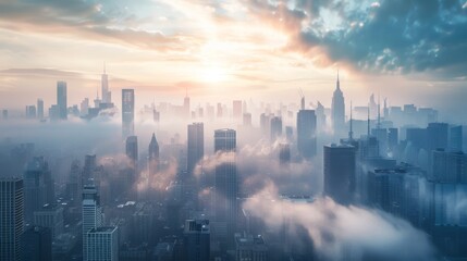 A city skyline with foggy clouds and a sun in the background. The city is lit up at night