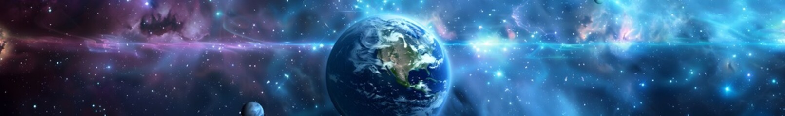 Fototapeta premium Majestic Interstellar Landscape with Glowing Earth Amidst Colorful Nebulae and Twinkling Stars