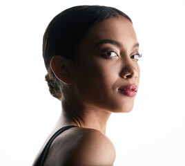 Makeup, beauty and portrait of woman in studio for red lips, face and skin routine for concert. Cosmetics, ballet and headshot of female dancer with facial cosmetology treatment by white background. © peopleimages.com
