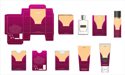 Packaging design, luxury perfume box, pocket perfume, deo design and face cream template and mock up box. Illustration vector.