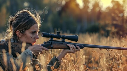 A woman is holding a rifle and looking through a scope