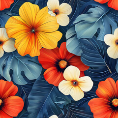 print for fabric, red flowers, monstera leaves.