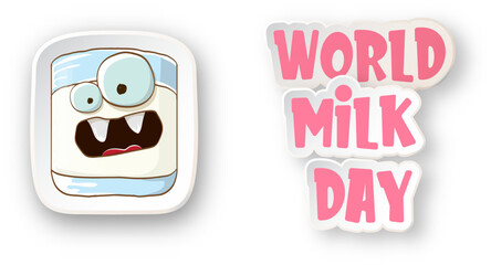 World milk day poster and banner with funny cartoon cute smiling milk glass character isolated on transparent white background. Happy milk day concept illustration with kawaii milk funky character.