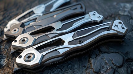 Fototapeta premium Assortment of Metallic Pliers and Utility Tools for Mechanics and Handymen at a Professional Workbench description This image showcases an assortment