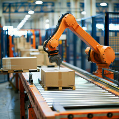 Robotic palletizer cell in industrial warehouse, demonstrating automated manufacturing. AI generative technology.