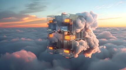 Futuristic Skyscrapers Emerging from Ethereal Cloud Formations at Dramatic Sunset