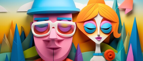 A man and a woman, made of paper, with sunglasses, in a colorful 3D landscape.