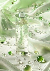 A light green skincare product is placed on the light colored silk