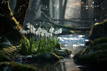 Verdant Snowdrops forest violet blossom at mountains. Nature flora plant white. Generate Ai