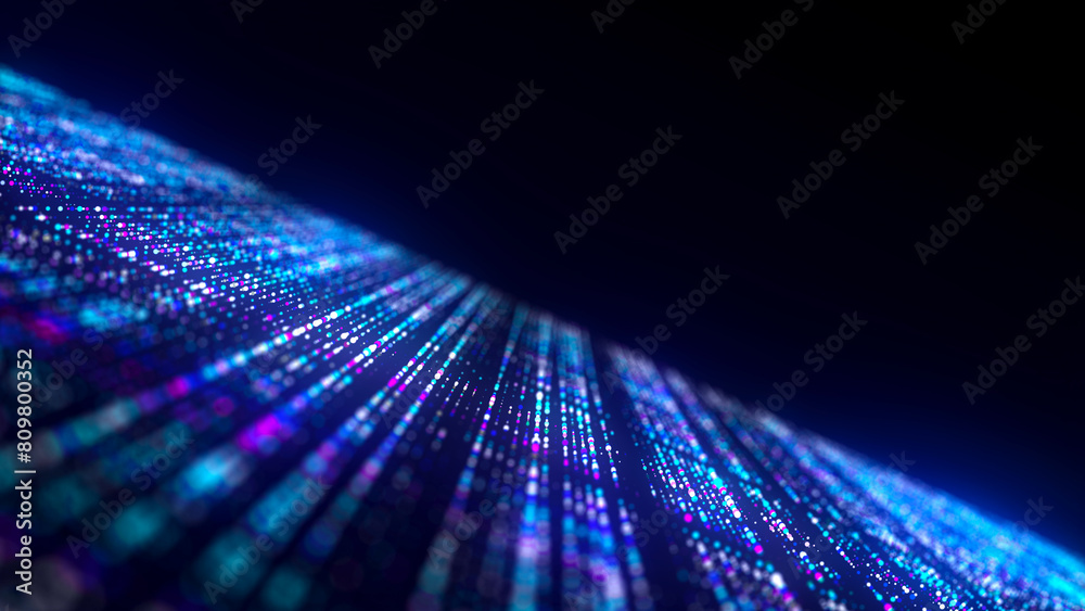 Aufkleber Futuristic blue dots background. Abstract glitch background. Corrupted binary code. Technology of many glowing particles. Artificial intelligence. Big data visualization. 3d rendering.