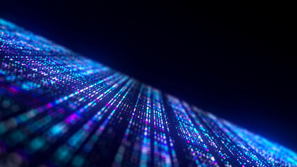 Futuristic blue dots background. Abstract glitch background. Corrupted binary code. Technology of many glowing particles. Artificial intelligence. Big data visualization. 3d rendering.