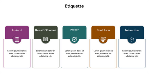 Five aspects of etiquette - Protocol, Rules of conduct, Proper, Good form, Interaction. Infographic template with icons and description placeholder
