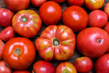 Homegrown red tomatoes background. Bio organic vegetables on farmer market. Farm fresh vegetable background. Food concept.