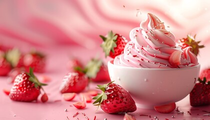 Strawberry ice cream or yoghurt in closeup with fresh fruit and room for an advertisement against pink backdrop, Generative AI.