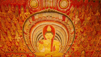 Fototapeta na wymiar Mural painting of Lord Buddha inside Cave 1 Deva Raja Viharaya – The Cave of ‘ Lord of the Gods. , Cave Temple of Dambulla, 1st Century BCE, Sri Lanka. UNESCO world heritage site