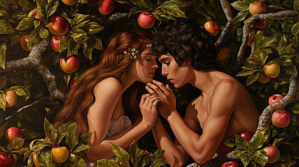 Adam and eve in heaven surrounded by red apples. Religious masterpiece.