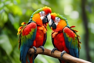 A pair of colorful macaws perched on a tree branch, their vibrant feathers standing out against the green foliage