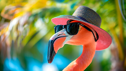 Concept of vacation mode and summertime. Stylish flamingo wearing sunglasses in a tropical beach.