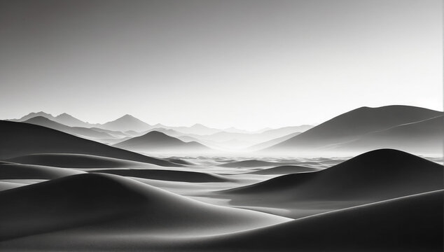 Monochrome image of desert dunes shrouded in fog, with mountains in the background, creating an atmosphere of mystery and tranquility
