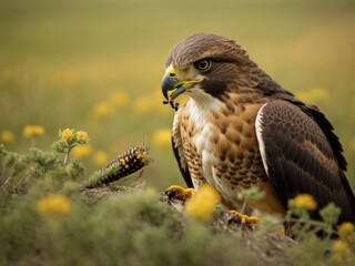 Fototapeta premium A young Swainsons Hawk eating a caterpillar