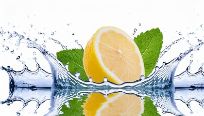 Zitrone trifft auf wasser und Minze - Wasser spritzt weg - erfrischend mit Minze - Zitronenhälfte