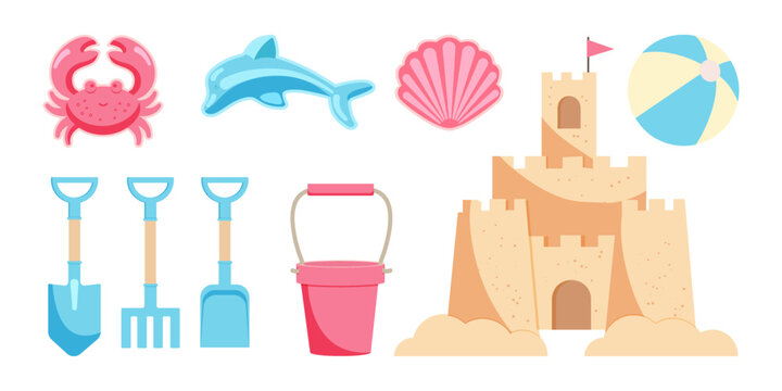 Set of children's toys for sandbox. Sand castle, bucket, shovel, molds for sand figures, beach ball.  Vector illustration