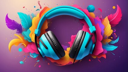 World music day with headset headphones, Music day event and colorful background. Generative Ai.