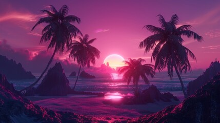 Futuristic neon landscape with palm trees at sunset.