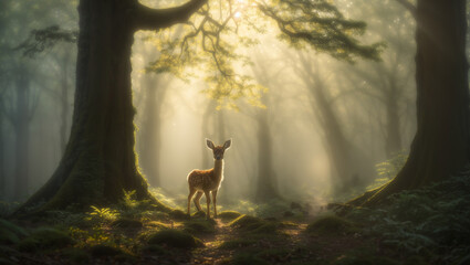 A deer is standing in a dense forest. The sun is shining through the trees, creating a dappled pattern on the ground - Powered by Adobe