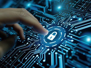 Vintage tone icon and PCB circuit line show a businessman unlocking security tech on a touch screen, symbolizing concepts of secure, firewall, prevention, and protection.