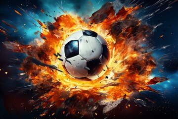 Fototapeta premium Dramatic Soccer ball explosion sport. Art light. Generate Ai