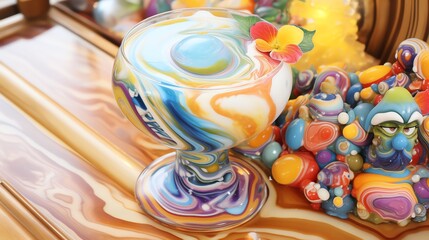 Fototapeta premium A swirled multi-colored milkshake next to a figurine on a table.