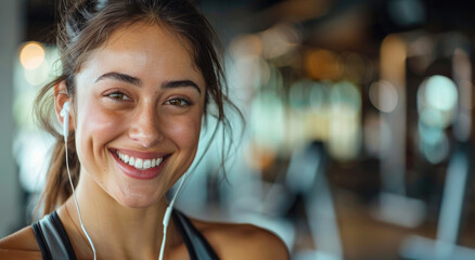 A beautiful woman smiling at the camera while working out in an elegant gym, wearing earphones and...